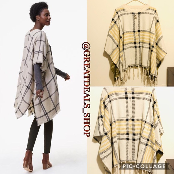 LOFT Sweaters - ‼️LOFT‼️WOOL NEW PLAID FRINGE PULLOVER PONCHO